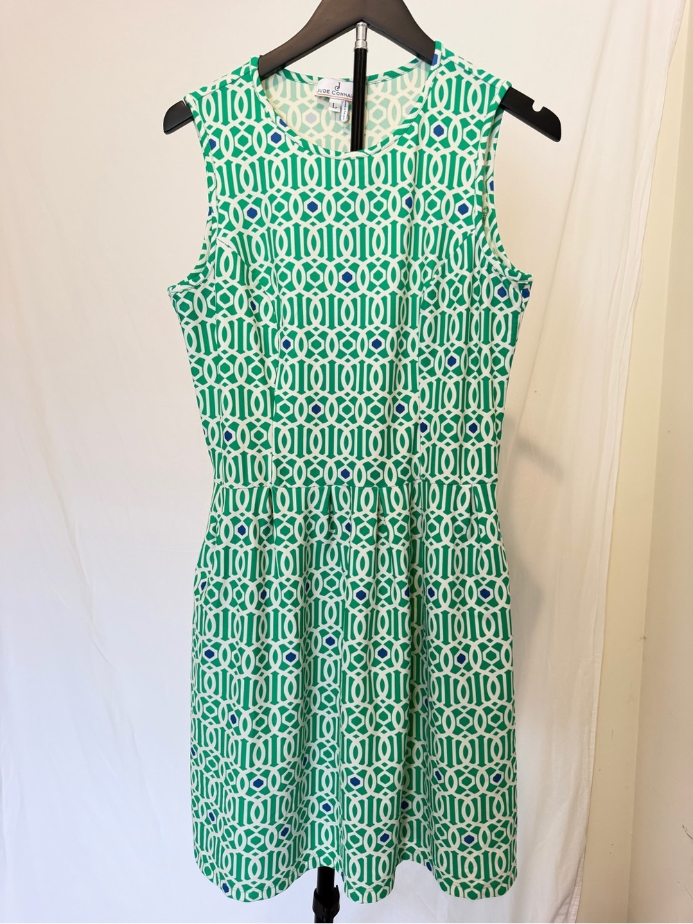 Jude Connally Bebe Dress L Green White Geo Print Stretch Pockets USA